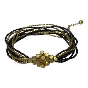 10-Strand Black & Gold Seed Bead Bracelet Geometric Brass Center Boho Statement